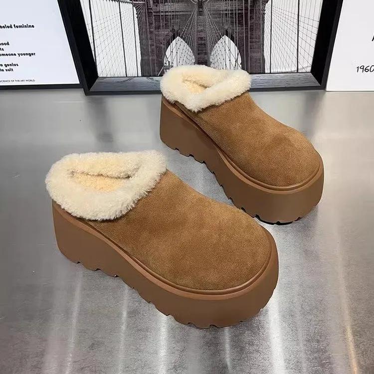 Fashion Platform High Heels Women Fur Slippers Suede Mules Shoes Winter 2025 Trend New Casual Snow Boots Short Plush Warm Cotton Shoes