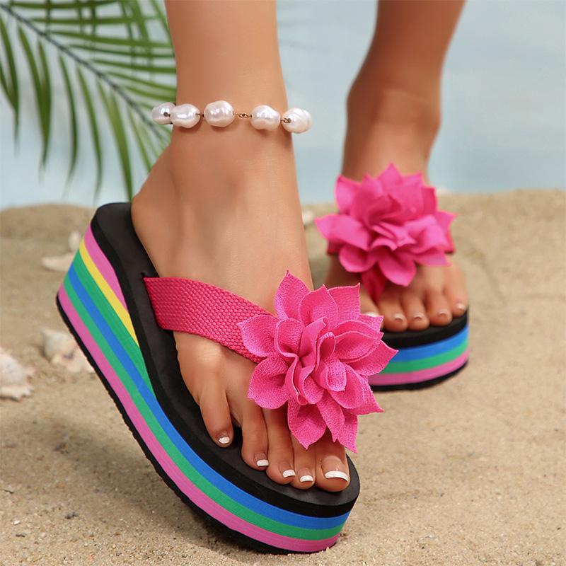 Flower Wedges Sandals for Women Plus Size Rainbow Thick Bottom Slippers Woman 2025 Summer Lightweight Chunky Platform Flip Flops