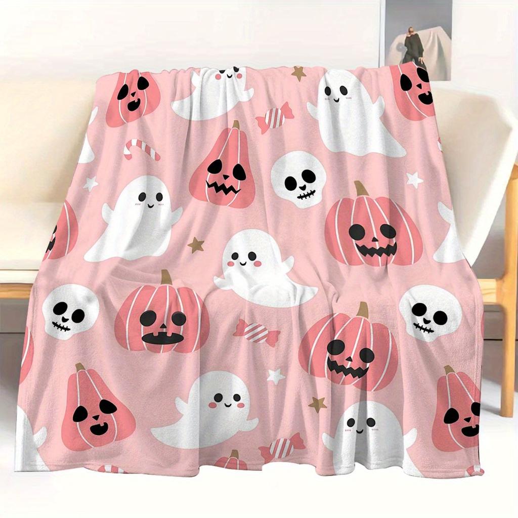 Cozy Pink Pumpkin Skull Print Flannel Throw Blanket - Soft, Durable & Versatile for Travel, Sofa, Bed, Office Decor