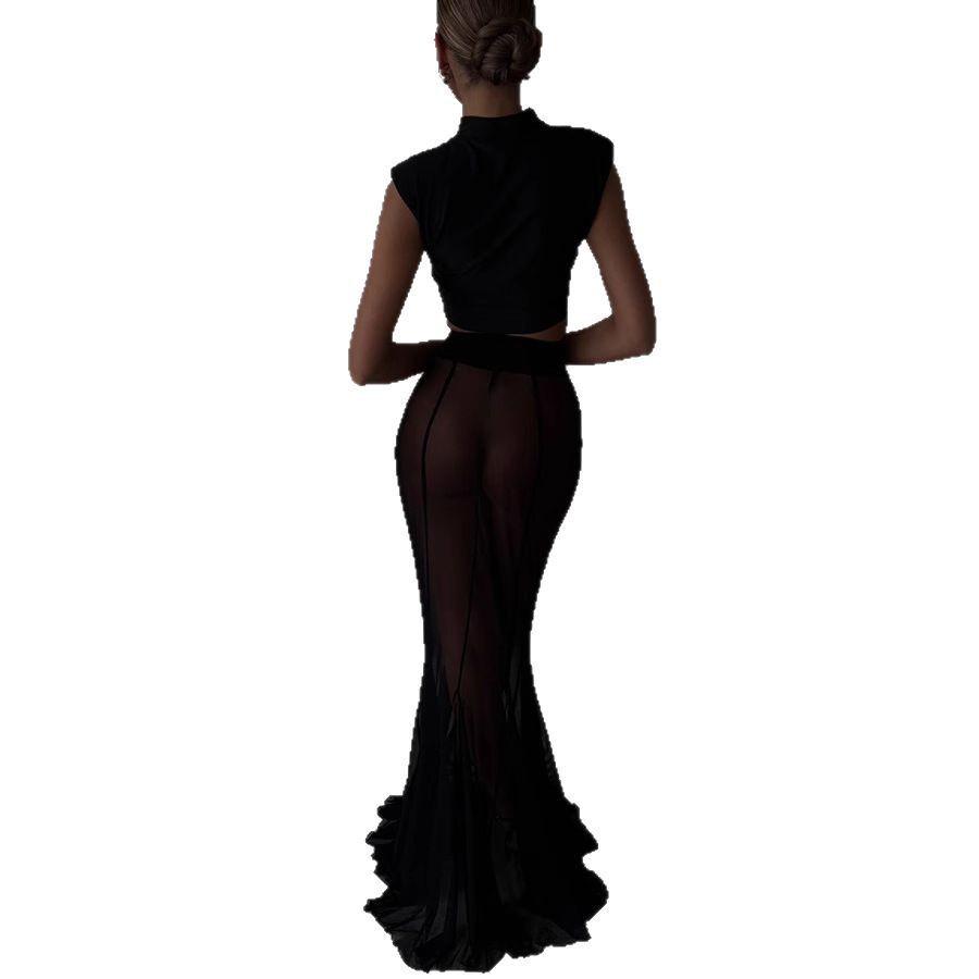 Europäisch-Amerikanisches Langarm-Satin-Top & Mesh-Rock-Set