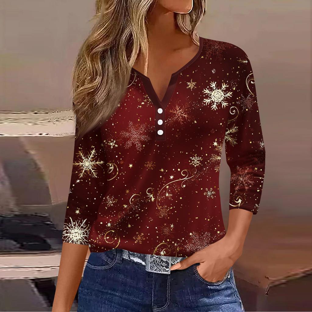Maglietta Top da Donna Moda Casual Stampa Albero di Natale Scollo a V Bottone Decorativo Manica a Tre Quarti