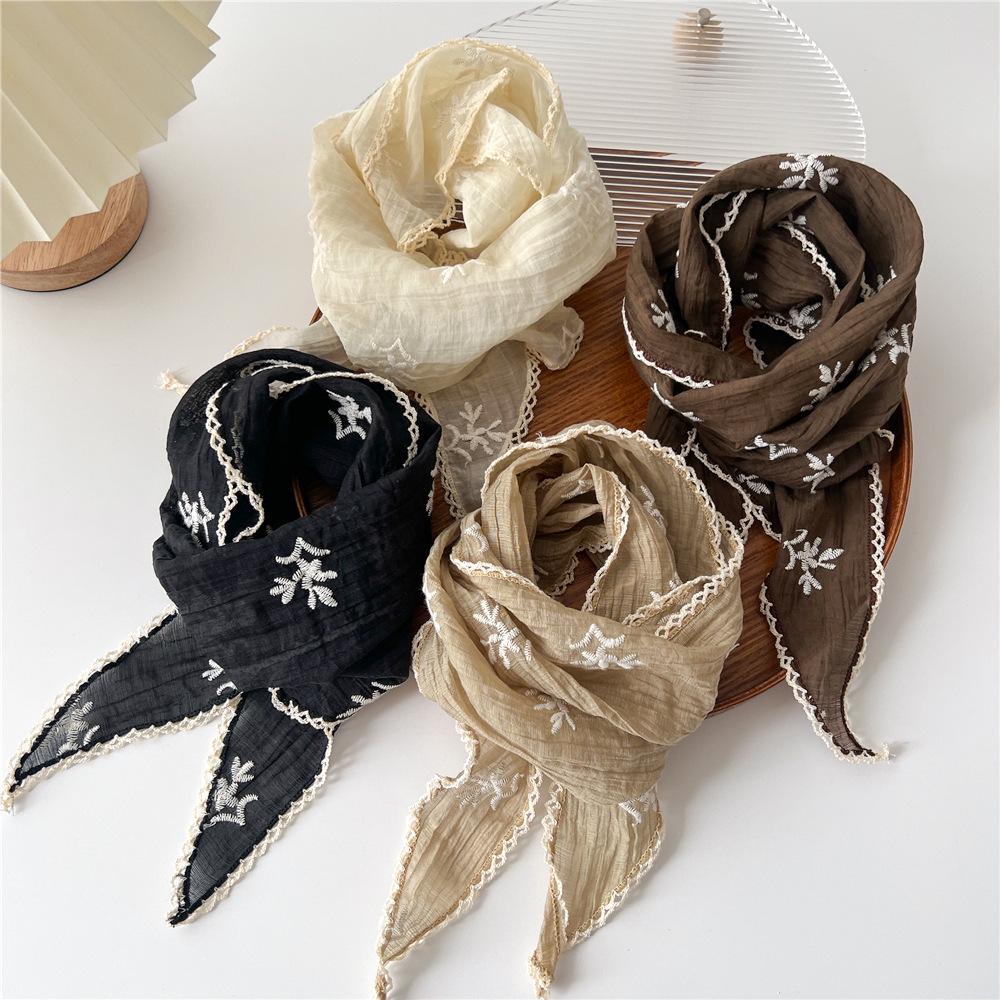 Korean Style Cotton Linen Lace Triangle Scarf: Women's Spring/Summer Neck and Sun Protection Accessory