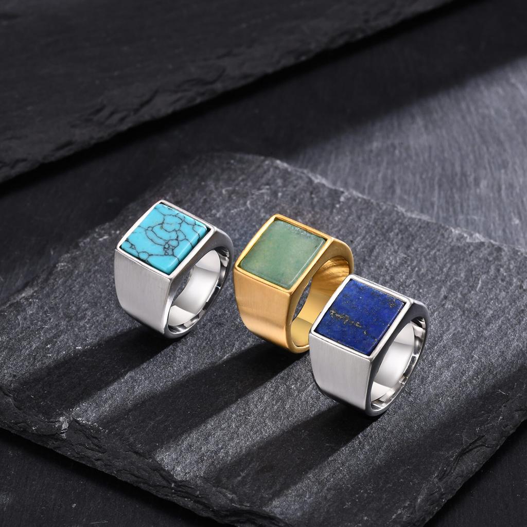Natural Green Stone Ring for Men Boys,Gold Color Stainless Steel Stamp Ring Thumb Ring Square Ring,Punk Stylish Zircon Gift