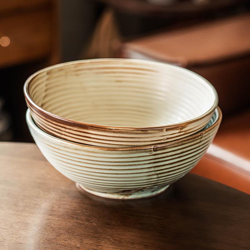 Gradual Change Large Bowl Coarse Pottery Soup Bowl Household Retro Ceramic Bowl Old Ring Pattern Tableware Vegetable Bowl Round Fruit Bowl