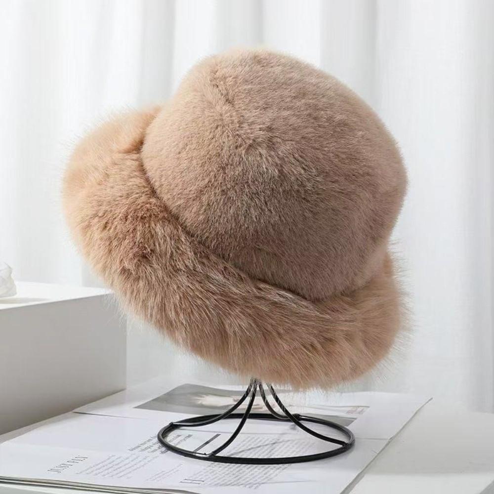 

Fluffy Bucket Hat Faux Fur Oversized Panama Cap Winter Warm Plush Fisherman Hat верблюд