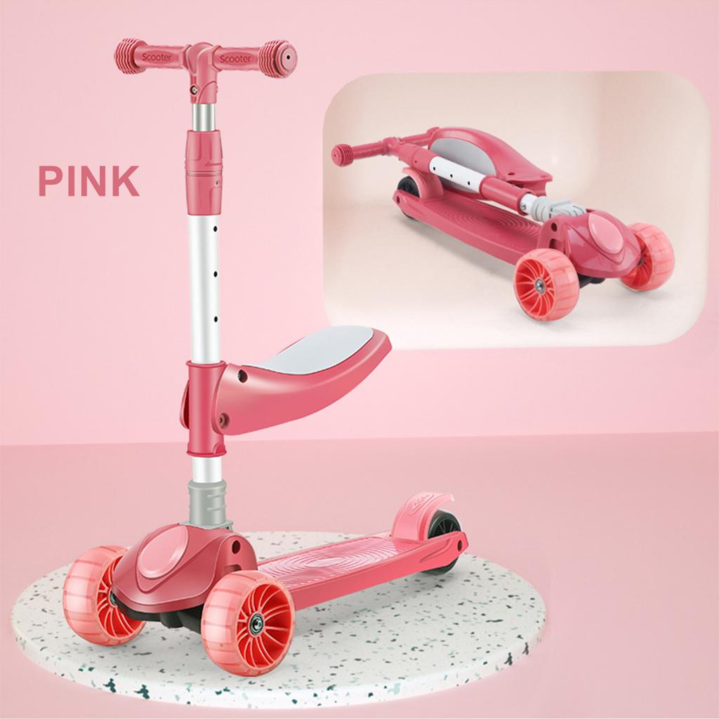 2-in-1 Kids Scooter Foldable Seat Light 3 Wheel Adjustable Folding Bar Blue/Pink