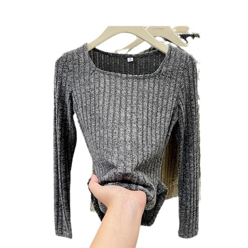 Pit strip square neck polished long-sleeved T-shirt for women's new design sense waist inner top bottoming shirt for women's autumn and winter