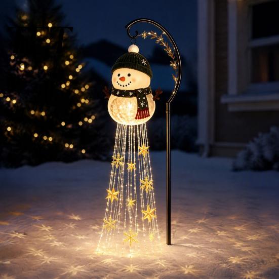 Wasserdichte LED-Rasenornamente Solar-Schneemann Gartenspießleuchte, Fließende Wasserfall-Lichterkette mit Außenhofdekorationen Stern Schneeflocke, Dekoration für