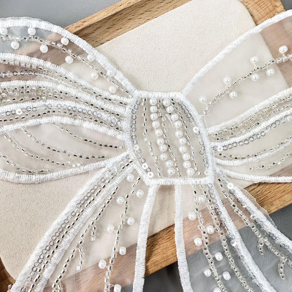 White Beaded Organza Bow Patch Sticker Clothing T-Shirt Top Children'S Clothing Decorative Cloth Sticker Accessories