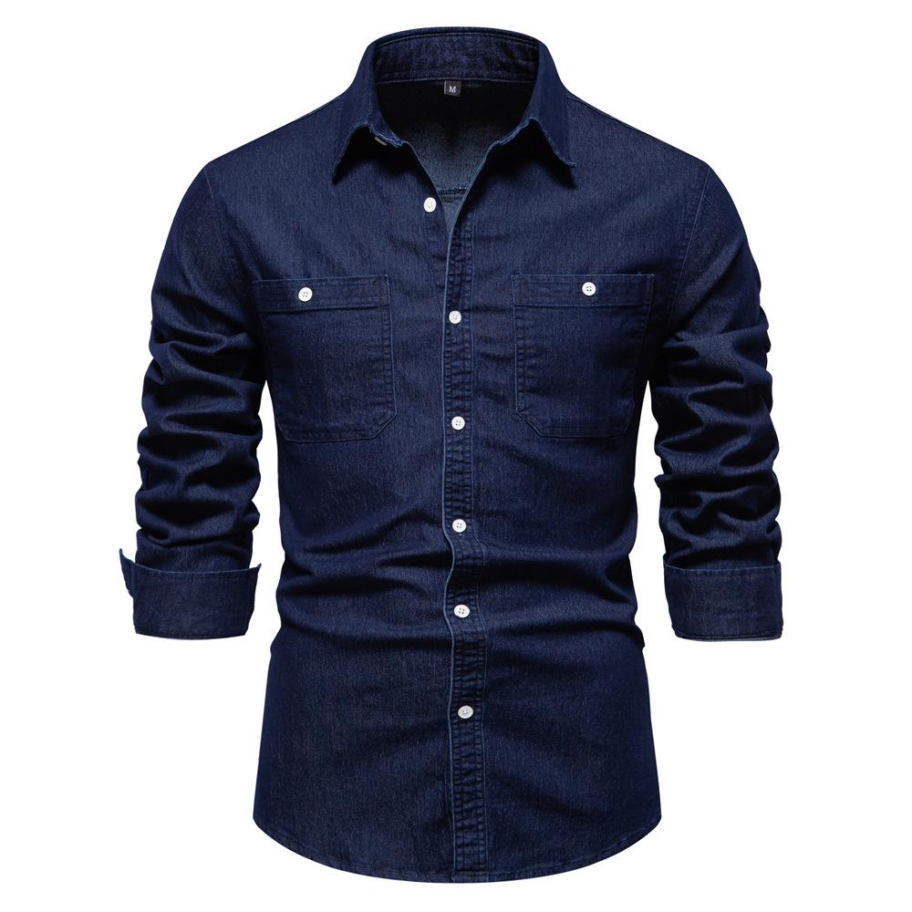 2026 Men's European Size Casual Solid Color Denim Long-Sleeve Shirt In Stock