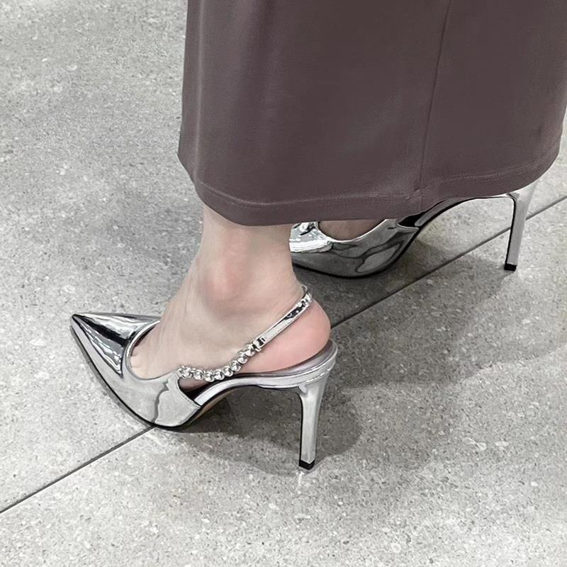 2025 New Rhinestone Pointed Silver High Heels Femininity Socialite Thin Heels Single Shoes Sandals High Heels Women Ins