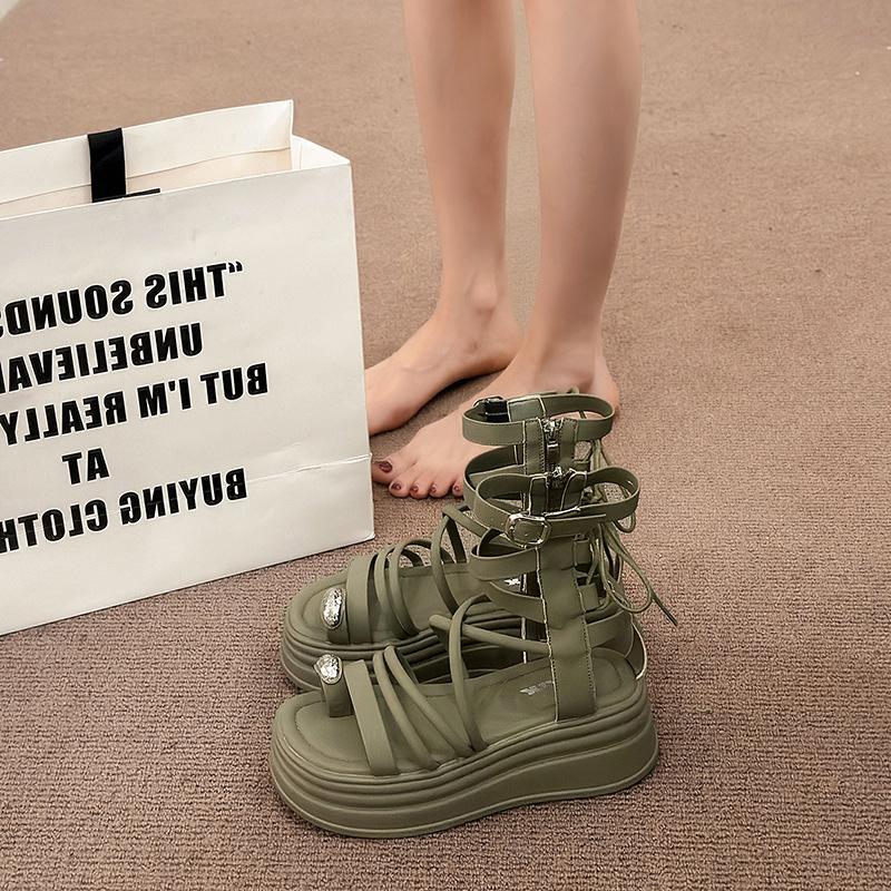

2025 новые сандалии на высокой платформе с высоким верхом женские летние универсальные с перекрестными ремешками с закрытым носком римские туфли обувь на небольшой платформе 40