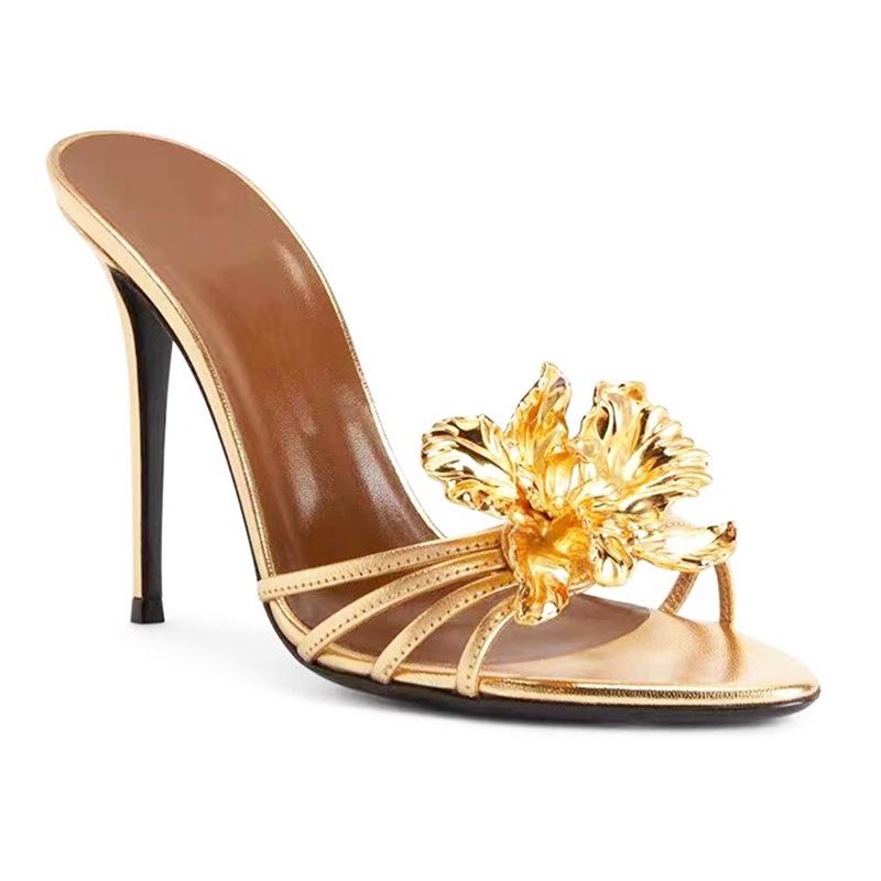 

New summer metal flower beautiful fashion sandals women s stiletto high heels light luxury cool slippers 40