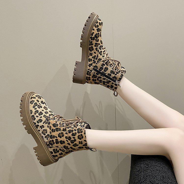 Damen Leopardenmuster Dicke Sohle Martin Stiefel Herbst Winter Schnürung Mode Bequeme Schuhe