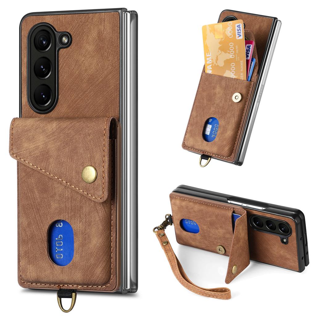 D1 For Samsung Galaxy Z Fold6 5G Case Kickstand Card Bag Leather+PC Phone Cover with Strap