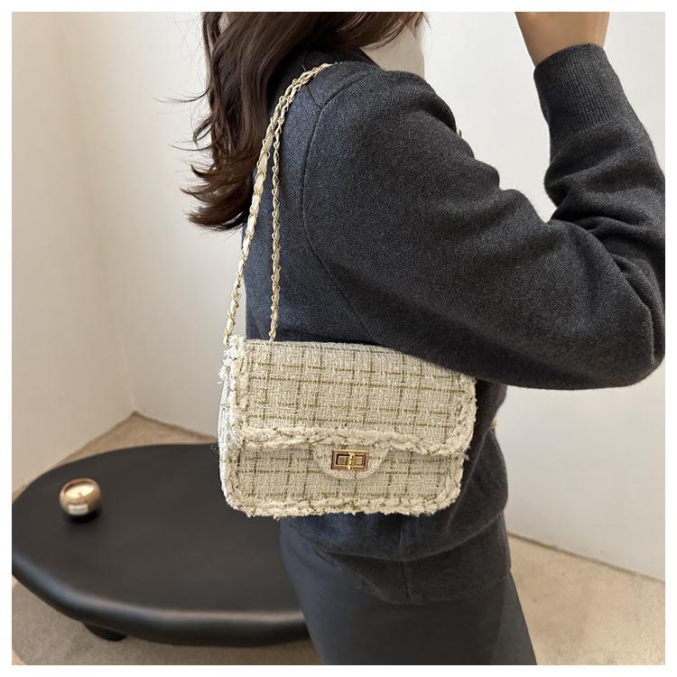 Women's Tweed Chain Small Square Bag Fashionable Single Shoulder Crossbody Bag Vintage Minimalist Handbag