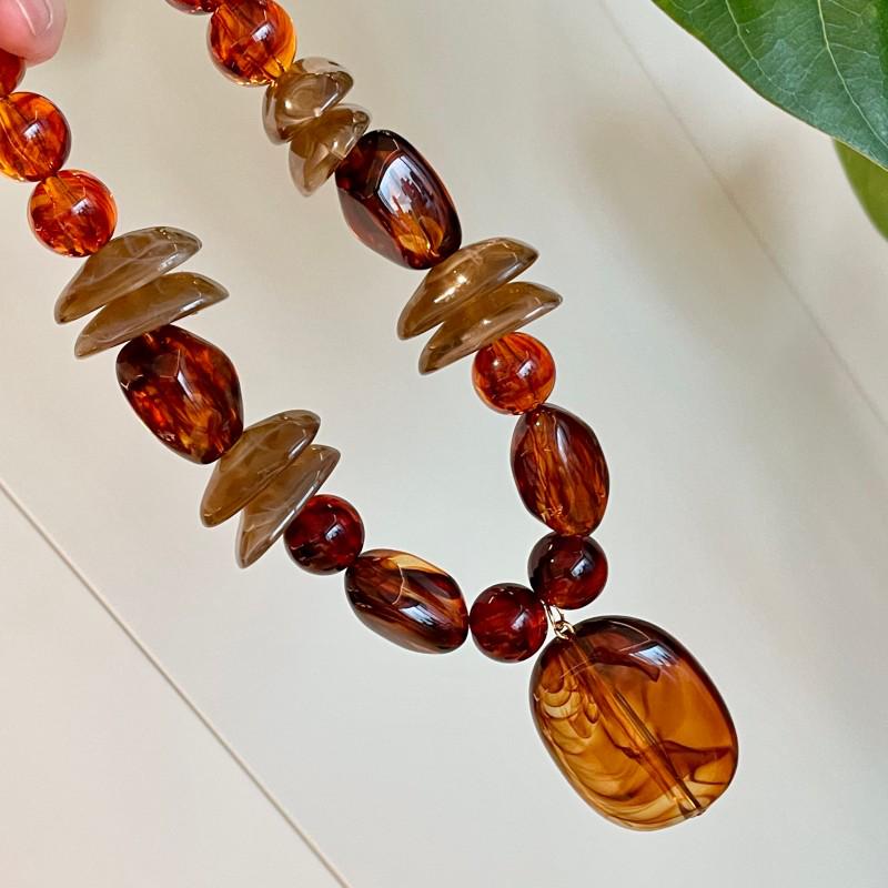 Vintage Amber Geometric Beaded Necklace Women's Acrylic Sweater Chain