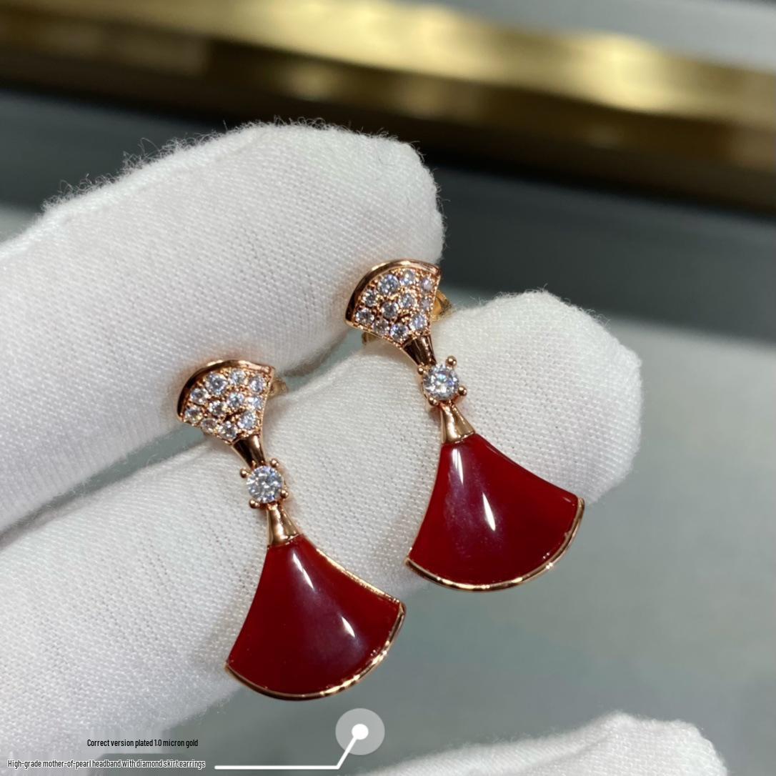 18K Rose Gold Fan Shaped Earrings with Diamonds, Mother of Pearl, and Red Agate