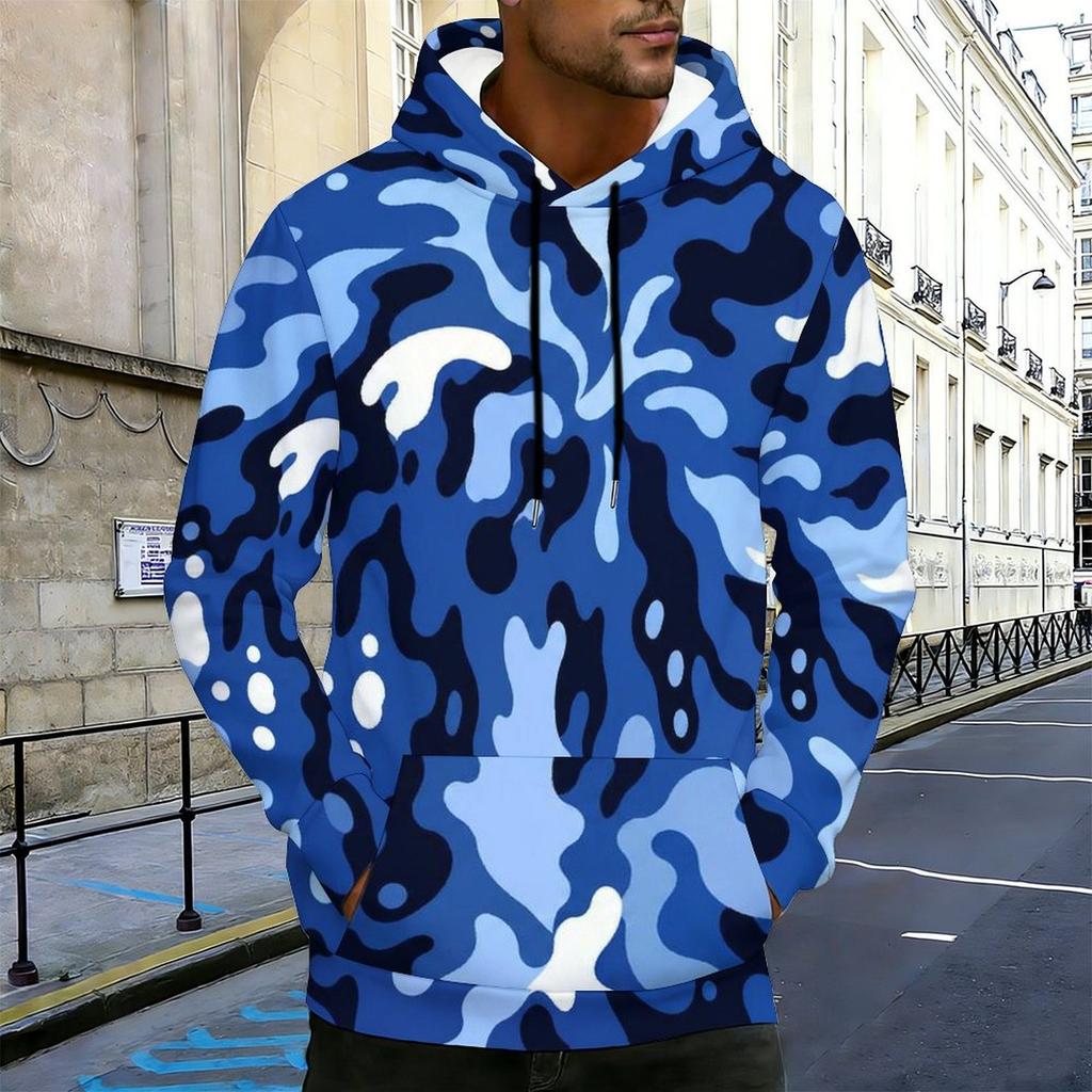 Men Plus Size Beige Printed Hoodie Long Sleeve Drawstring Pullover With Kangaroo Pocket