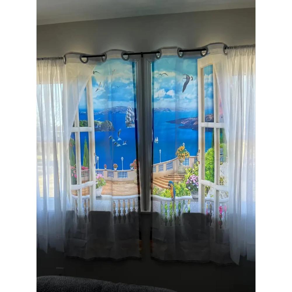 2 Stück Meer Balkon Architektonische Landschaft Halbverdunkelnd Druck Vorhang Für Wohnzimmer Schlafzimmer Badezimmer Heimdekoration Ösenaufhängung