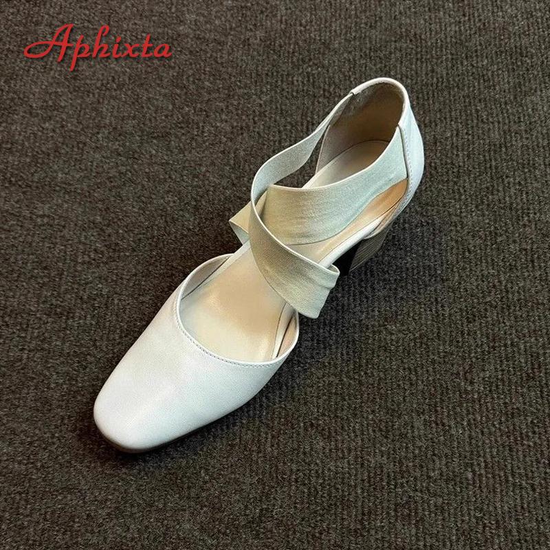Fashion Aphixta Round Tou Ballet Shoes 7CM Square High Heels Woman Shoes Pumps Cross Elastic Band Shallow Woman zapatos de mujer