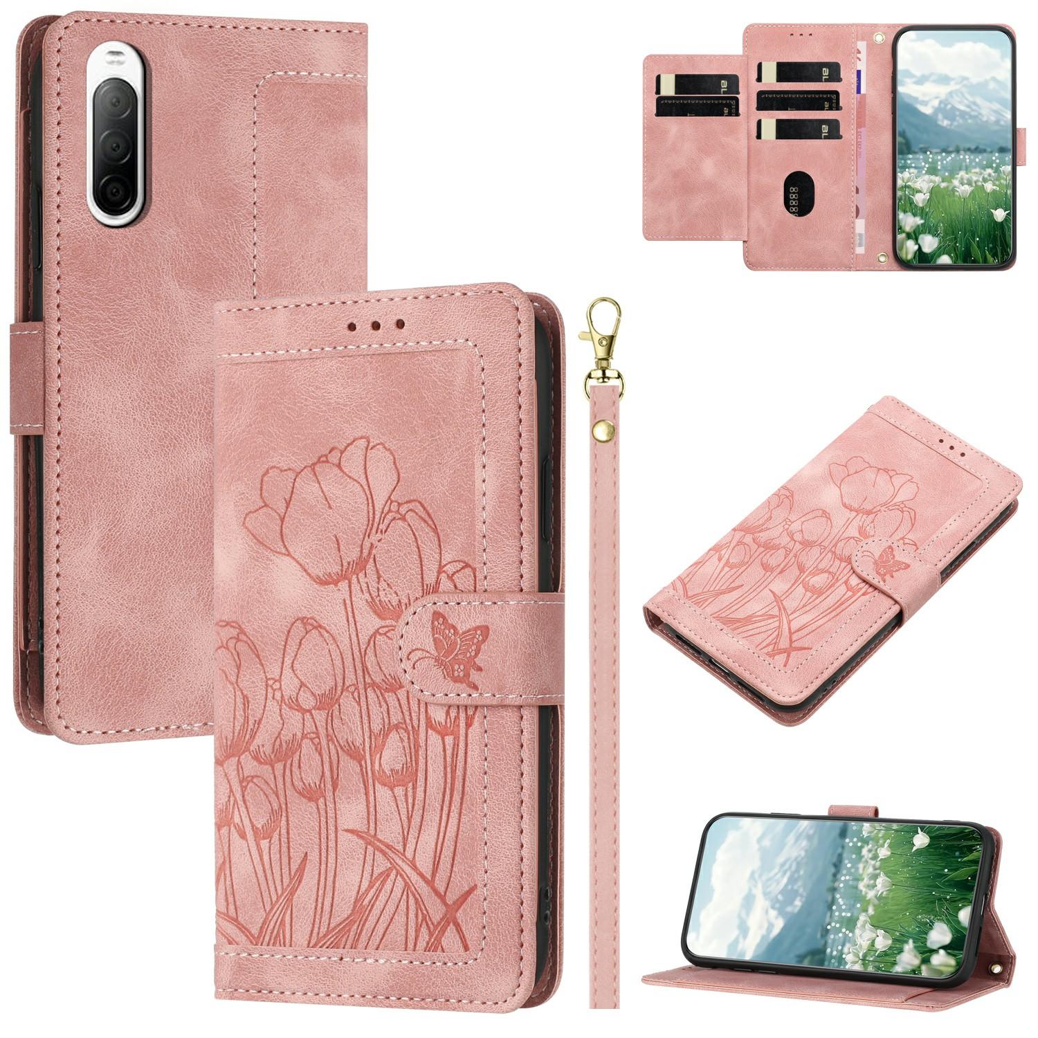 

For Sony Xperia 10 V Tulip Leather Case Phone Cover with 5 Card Slots Wallet Pink