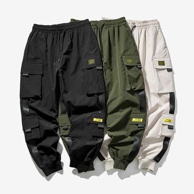 Men Cargo Pants Loose Ankle-banded Drawstring Elastic Waist Solid Color Multi Pockets Strap Decor Fitness Streetwear Outdoor Travel Sport Trousers