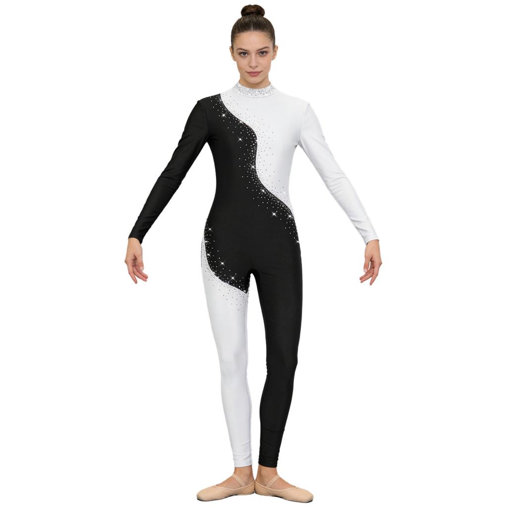 S-3XL Women‘s Dance Bodysuit Sparkly Rhinestones Long Sleeve Pants Back Zipper Color Block Full Coverage Unitard for Skating Ballet