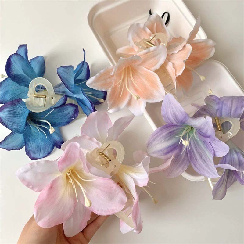 Korean Tie-dyed Lily Flower Hair Claws For Women Girl Sweet Double Sided Floral Shark Clip Hair Clips Crab Hair Accessories