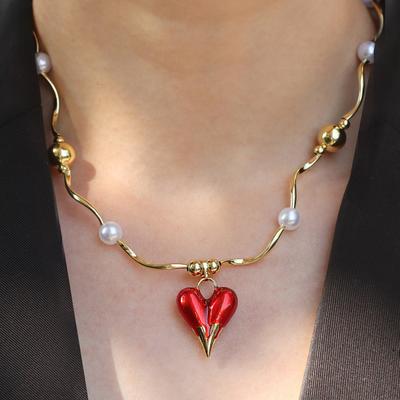 Simple Light Luxury High-End Round Bead Pearl Necklace Love Peach Heart Pendant Female