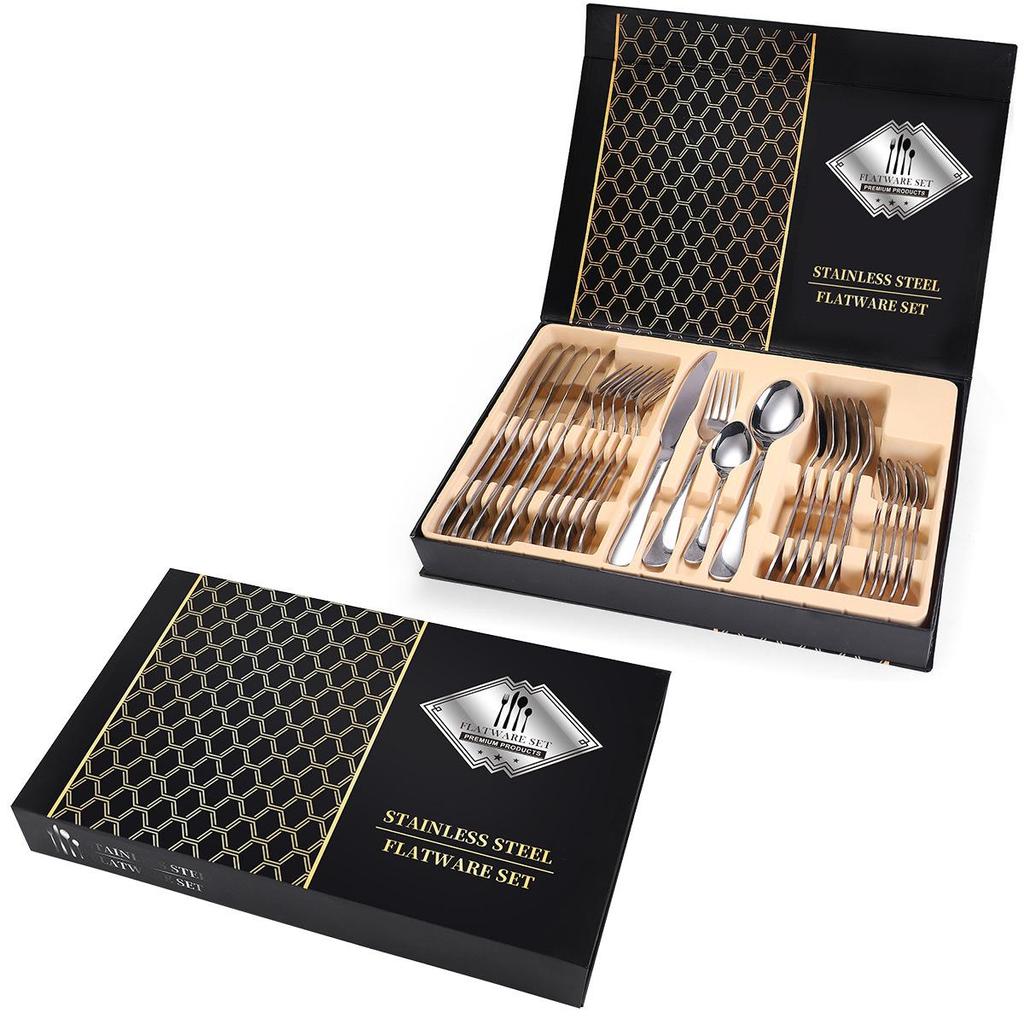 24-Piece Gold Stainless Steel Cutlery Set with Knife, Fork, Spoon & Household Storage Rack In Gift Box