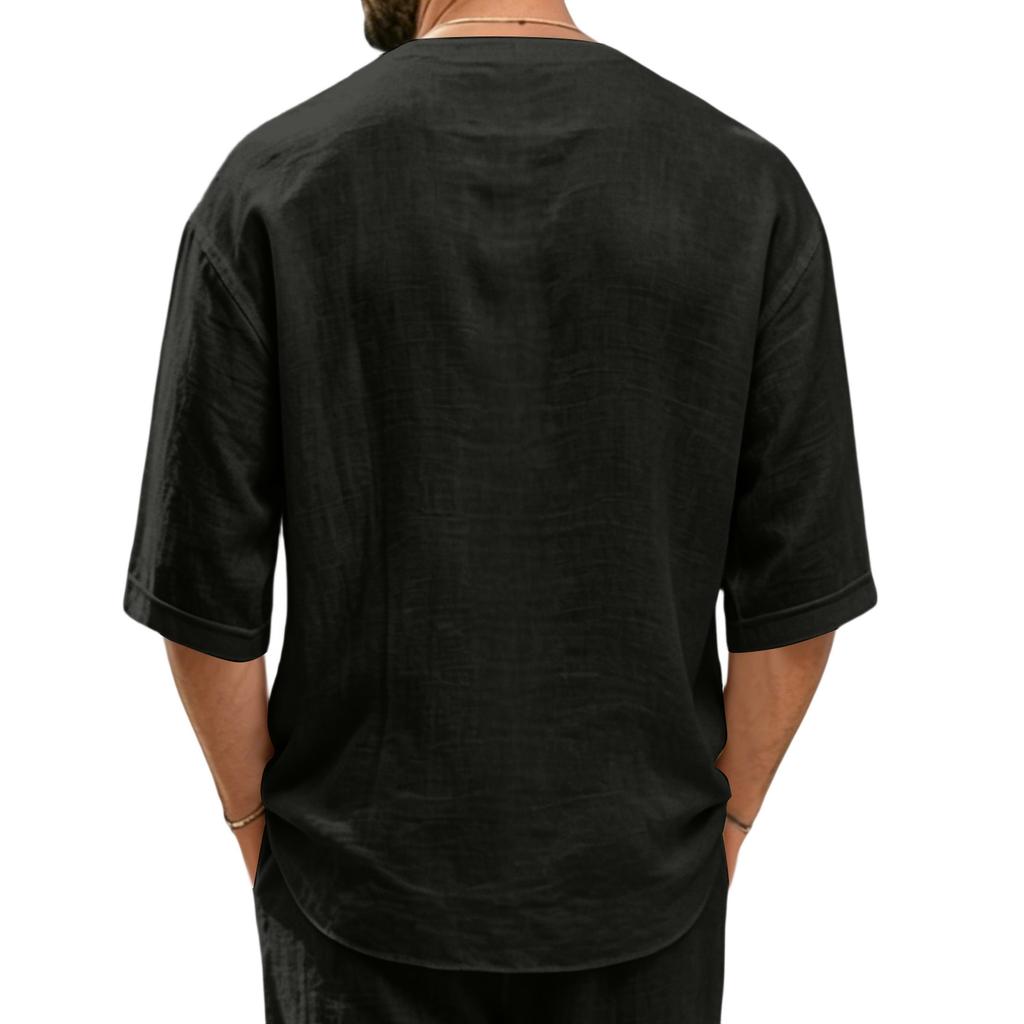 Herren Leinen V-Ausschnitt T-Shirt - Mittellang Lockerer Schnitt Lässiges Sommer Top für den Alltag