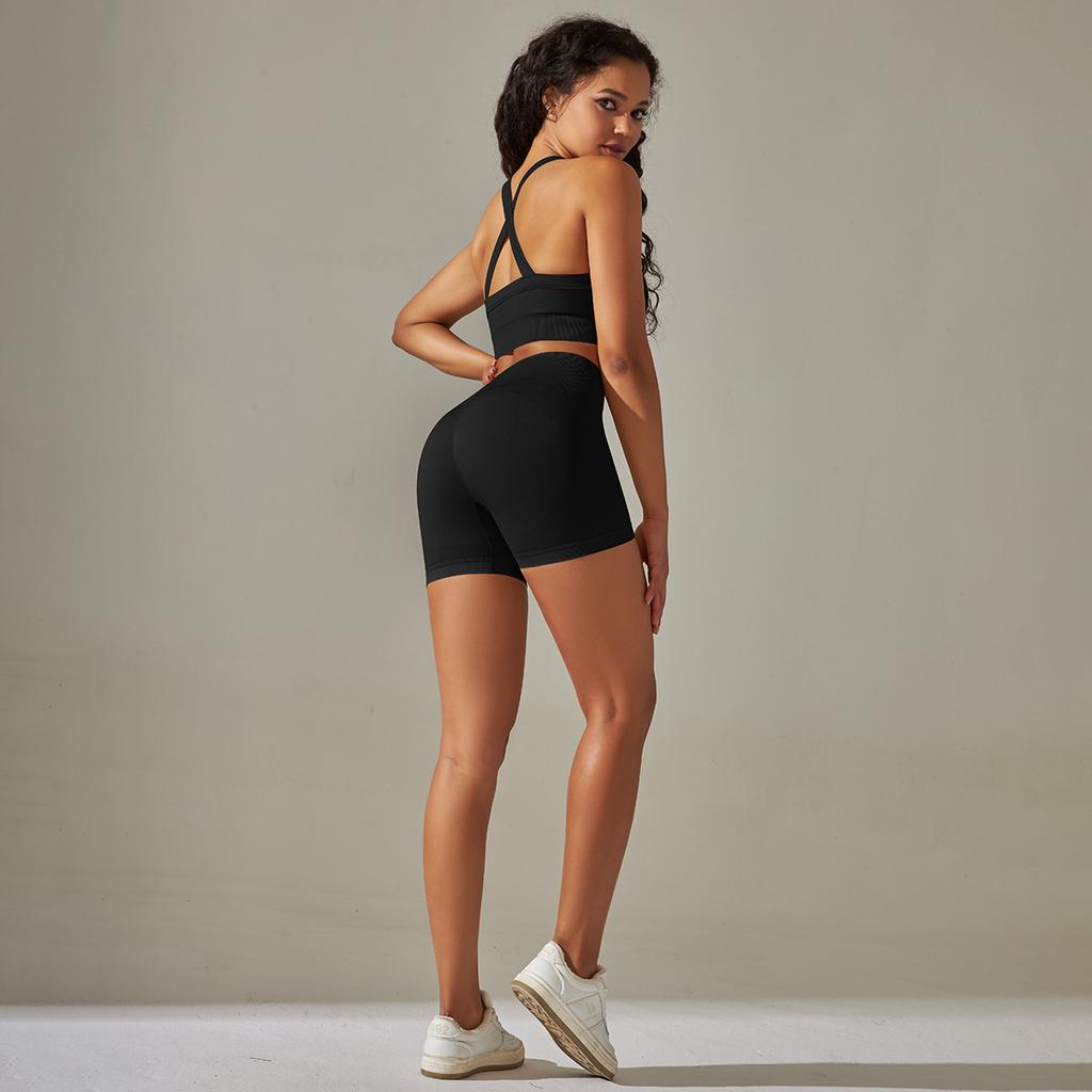 European and American Seamless Solid Color Cross Back Sports Bra Yoga Suit Running Fitness Shorts Two-piece Set