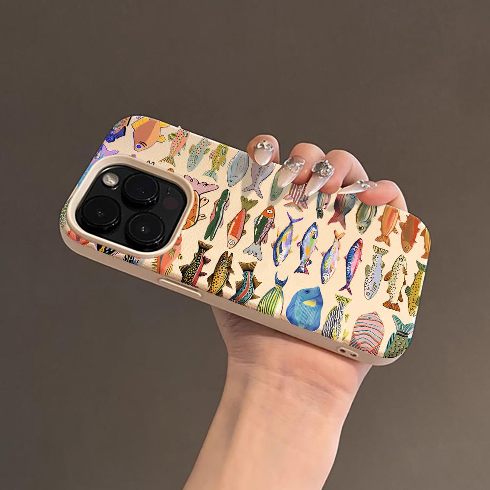 Cute Fish School Pattern Lychee Soft Phone Case For iPhone 17 16 15 14 13 12 11 Pro Max Air 15 16 Plus X XR XS Shockproof Cover