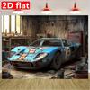 2D Plane, 1 Vintage Racing Garage Background Banner - Classic Blue Racing Stripe Car and Old-fashioned workshopDJH