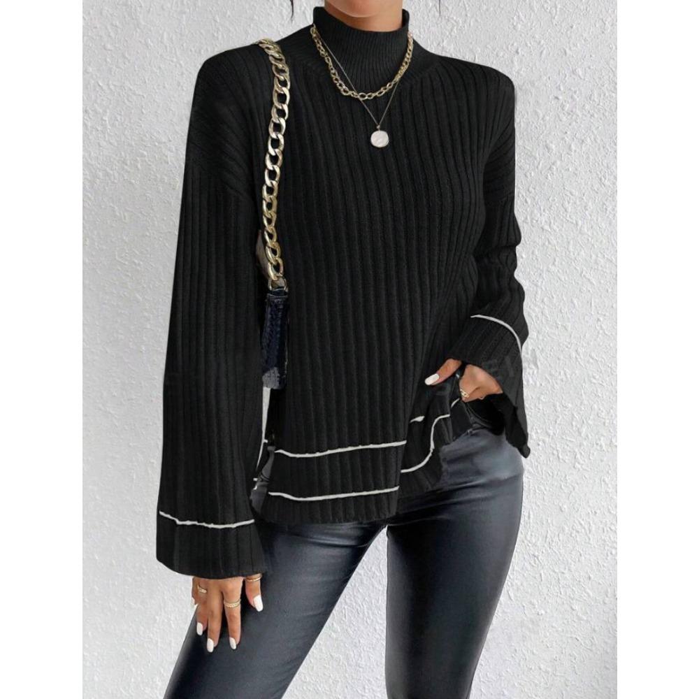 Women's Mock Neck Long Sleeve Contrast Stripe Ribbed Knit Loose Pullover Sweater Autumn Casual Top