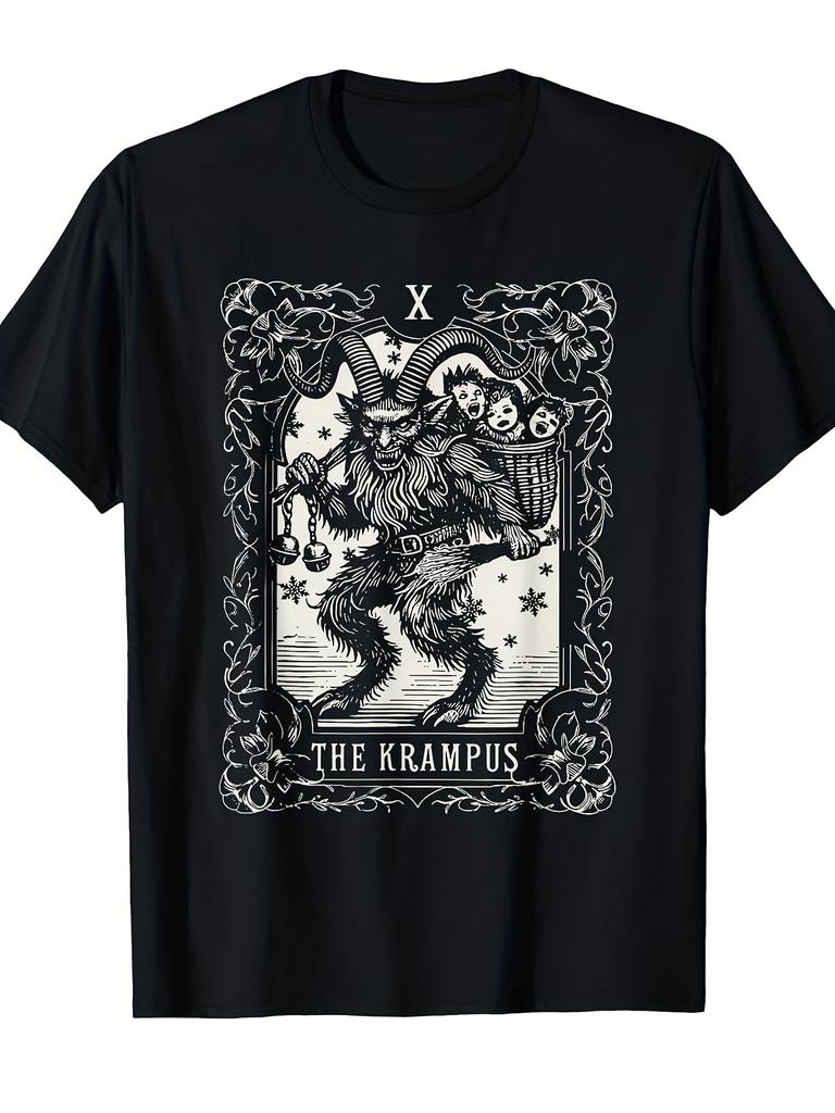 Men'S Black Crew Neck T-Shirt Featuring a Krampus Card Design, Perfect for The Christmas Season. Mad