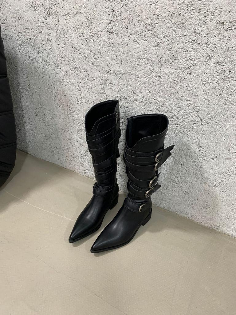 Vintage niche small boots brown western cowboy boots early autumn thick heel women's boots belt buckle high boots