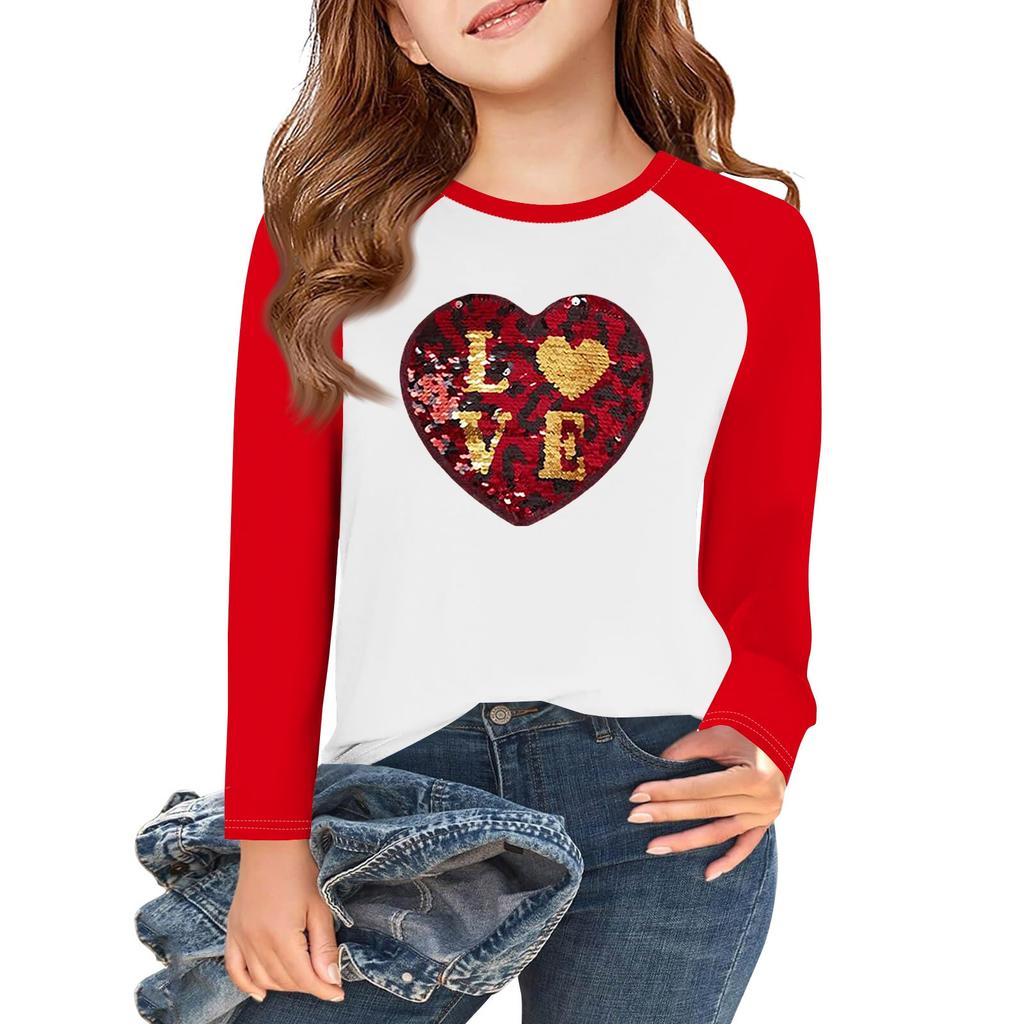 Dívčí trička s dlouhým rukávem Love na Valentýna Dětské podzimní topy Kulatý výstřih Základní trička 5-14 let