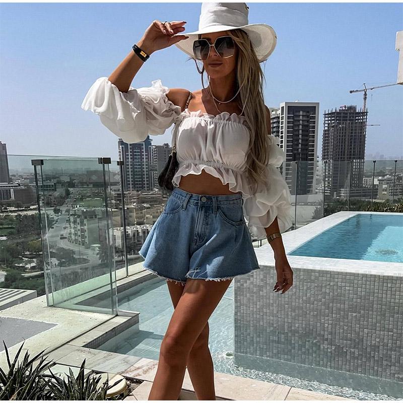 2025 New Summer Women's High Waist Umbrella Shape Short Jeans Female Comfortable Vacation Beach Solid Color Denim Shorts