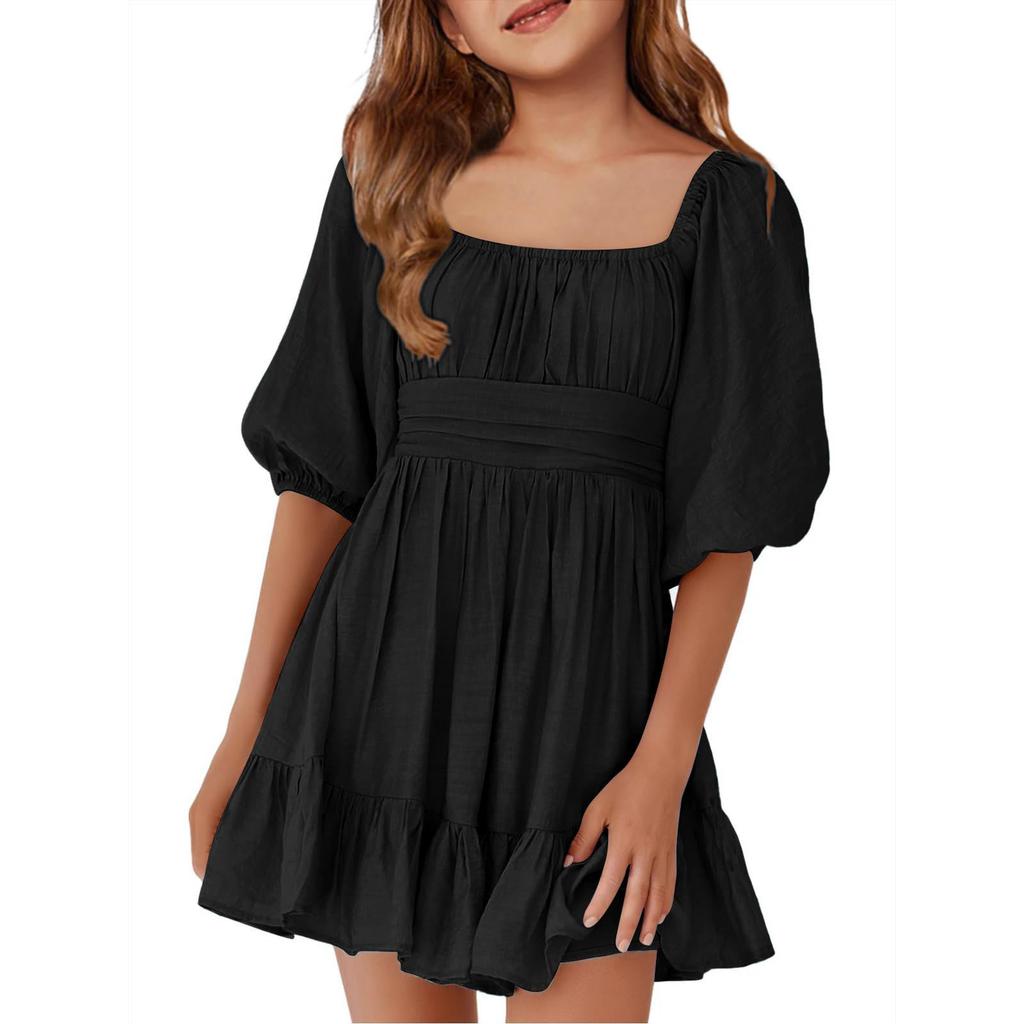 Children's Casual Bubble-Sleeve Backless Waist-Tied Bow-Pleated Dress