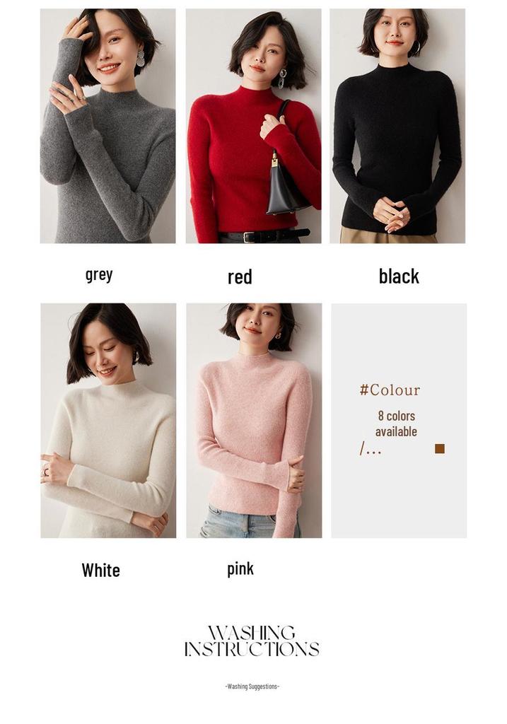 Women's Ribbed Cashmere Half-High Neck Sweater - 2024 Autumn/Winter Tight-Fit Knit Base Layer