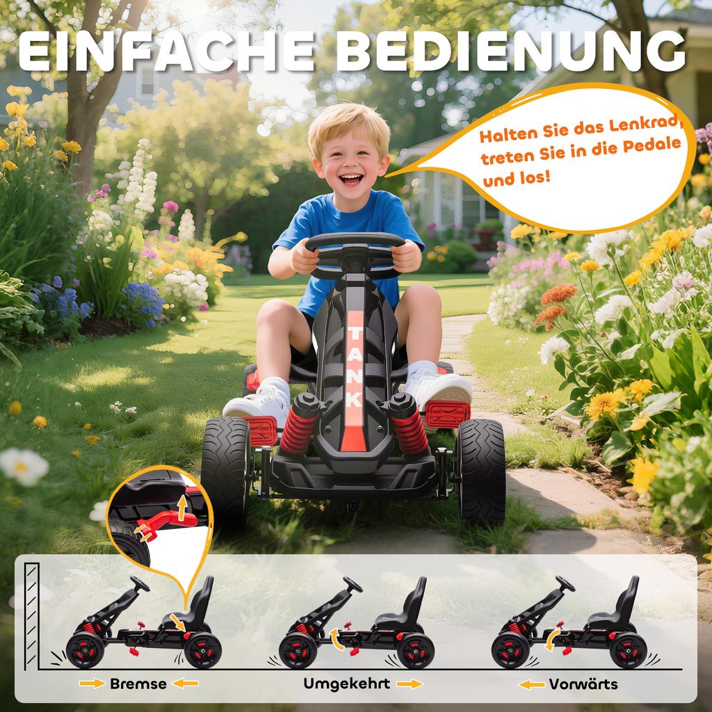Pedal Go Kart for Kids Aged 3-6 Years, with Freewheel System, Brake, EVA Anti-Slip Wheels, Red