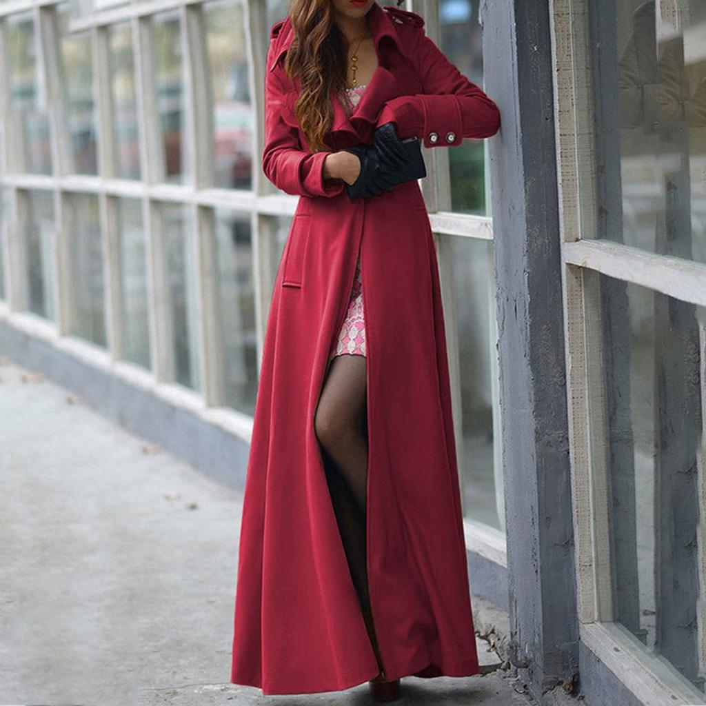 Fashionable Women's Slim-fit Faux Wool Coat, Extra-long Coat, Slim-fit Floor-length Windbreaker