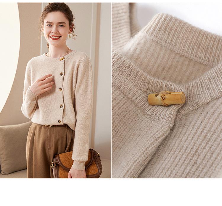 Damen Roter Kaschmir Rundhals-Cardigan - Unifarben, Seitenknopf, Locker, Figurschmeichelnde Strickoberbekleidung