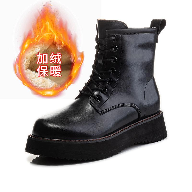 Leather Martin boots women's winter new women's velvet thin short boots platform women's boots thick heel medium tube women's shoes