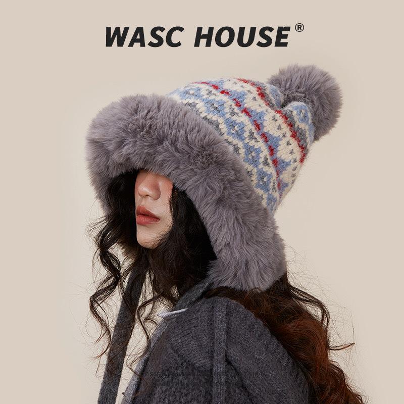 

Thickened and Warm Wool Hat Lei Feng Hat for Women Knitted Furry Face Showing Small Northeast Snow Ear Protection Hat average size