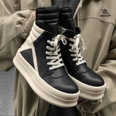 Nouvelle tendance européenne et américaine bottines montantes triangle inversé noir et blanc personnalisé semelle épaisse épaississement rehaussement chaussures pour hommes