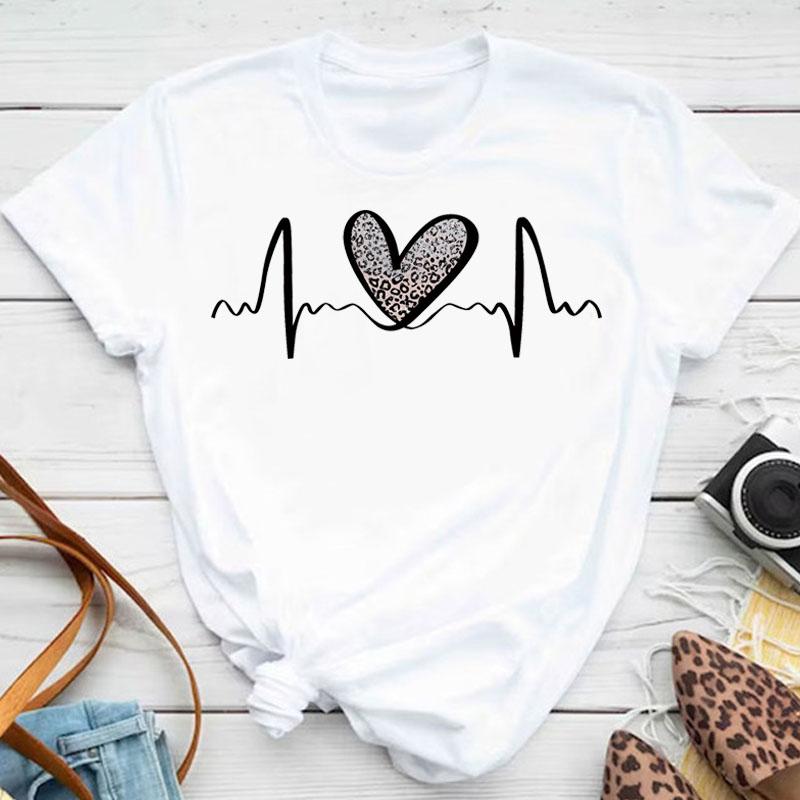 New Leopard Heartbeat Curve Print Fashion Women's T-shirt Short Sleeve Tops Summer Women's Clothes