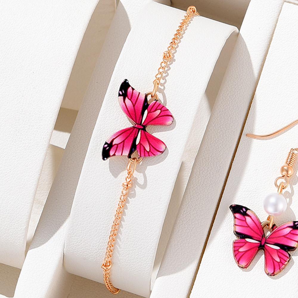 4 Piece Set Women Rose Red Butterfly Zircon Necklace Bracelet Earring Set Fashionable Versatile High End Personalized Zircon